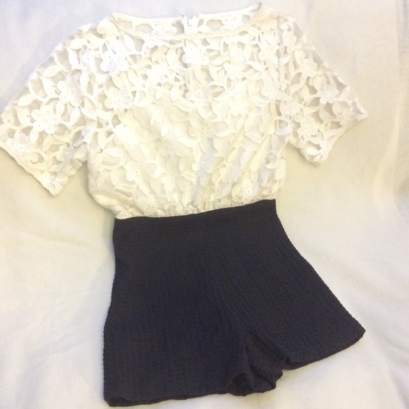EUC Vintage white lace/black jersey short jumpsuit - Picture 4 of 14